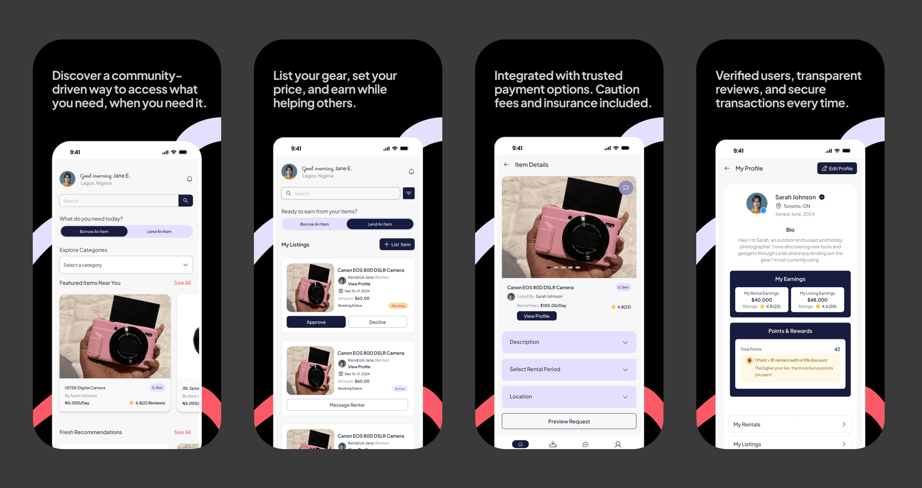 Four Lenbi screens: a home feed toggling between borrowing and lending with featured items priced per day; a listings view where an owner approves or declines booking requests; an item detail with rental fees, rating and rental period; and a profile showing rental and listing earnings beside a points and rewards tier.