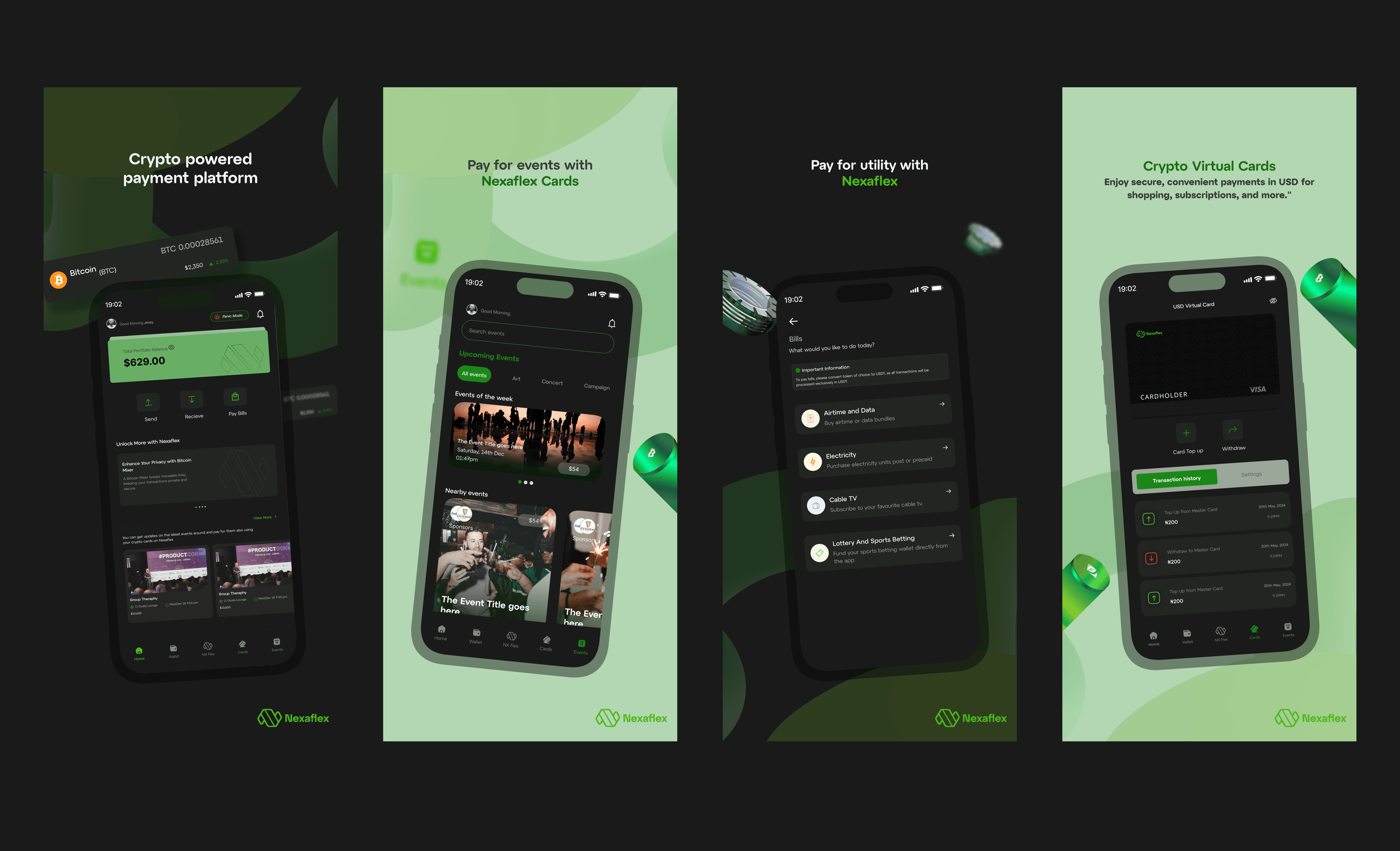 Four Nexaflex screens: a portfolio home showing a $629.00 balance with send, receive and pay-bills actions; an events browser with upcoming and nearby events; a bills menu covering airtime and data, electricity, cable TV and betting wallets; and a USD virtual card above its transaction history.