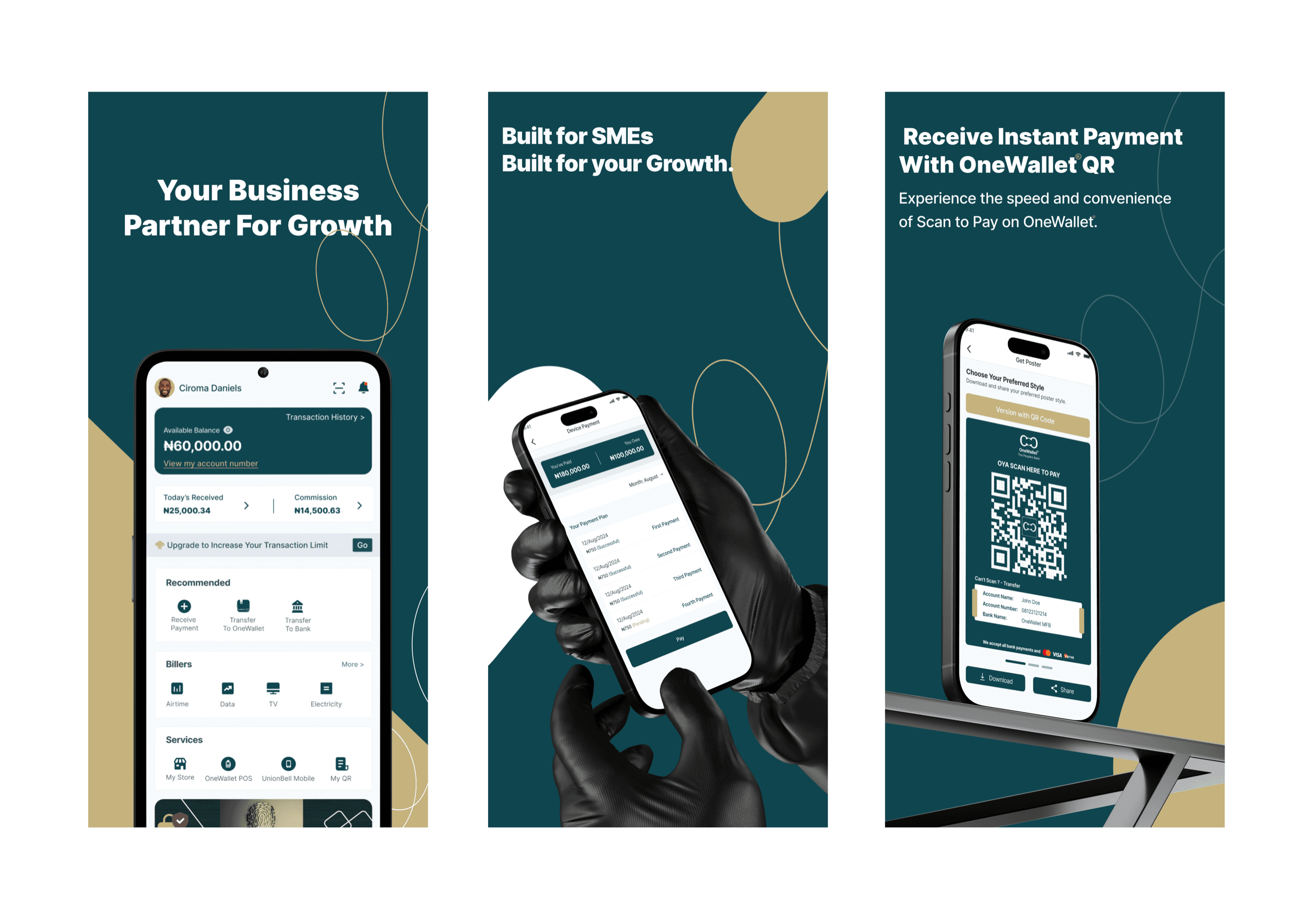 Three OneWallet MFB screens: a merchant dashboard showing a 60,000 naira balance with the day's takings and commission, biller shortcuts and store, POS and QR services; an instalment payment plan open on a handheld phone; and a shareable scan-to-pay QR poster with the account details beneath it.