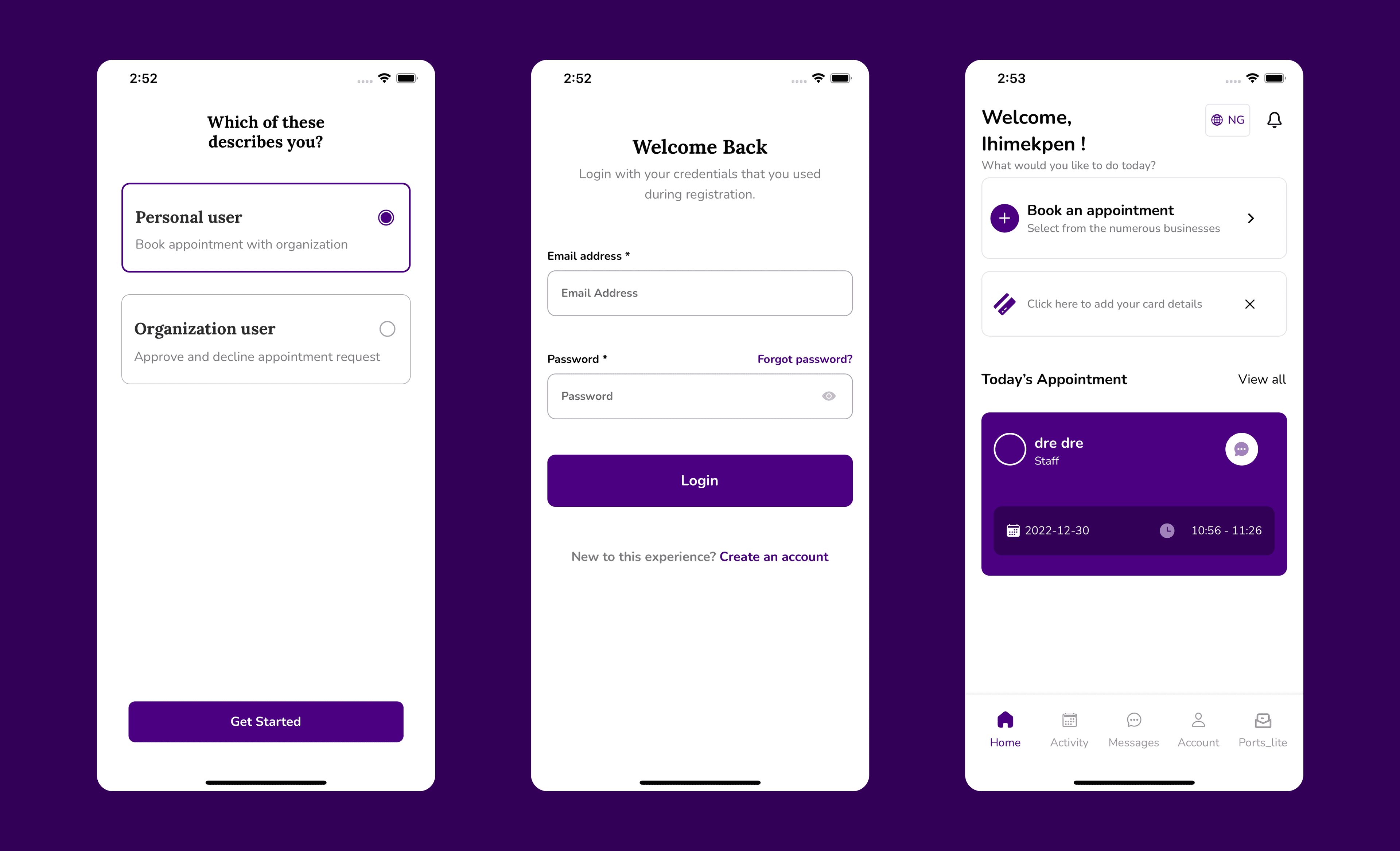 Three PortsConnect screens: a role picker offering a personal account that books appointments or an organisation account that approves and declines them; a login screen; and a home screen with an appointment-booking entry point above the day's appointment, showing the staff member and time slot.