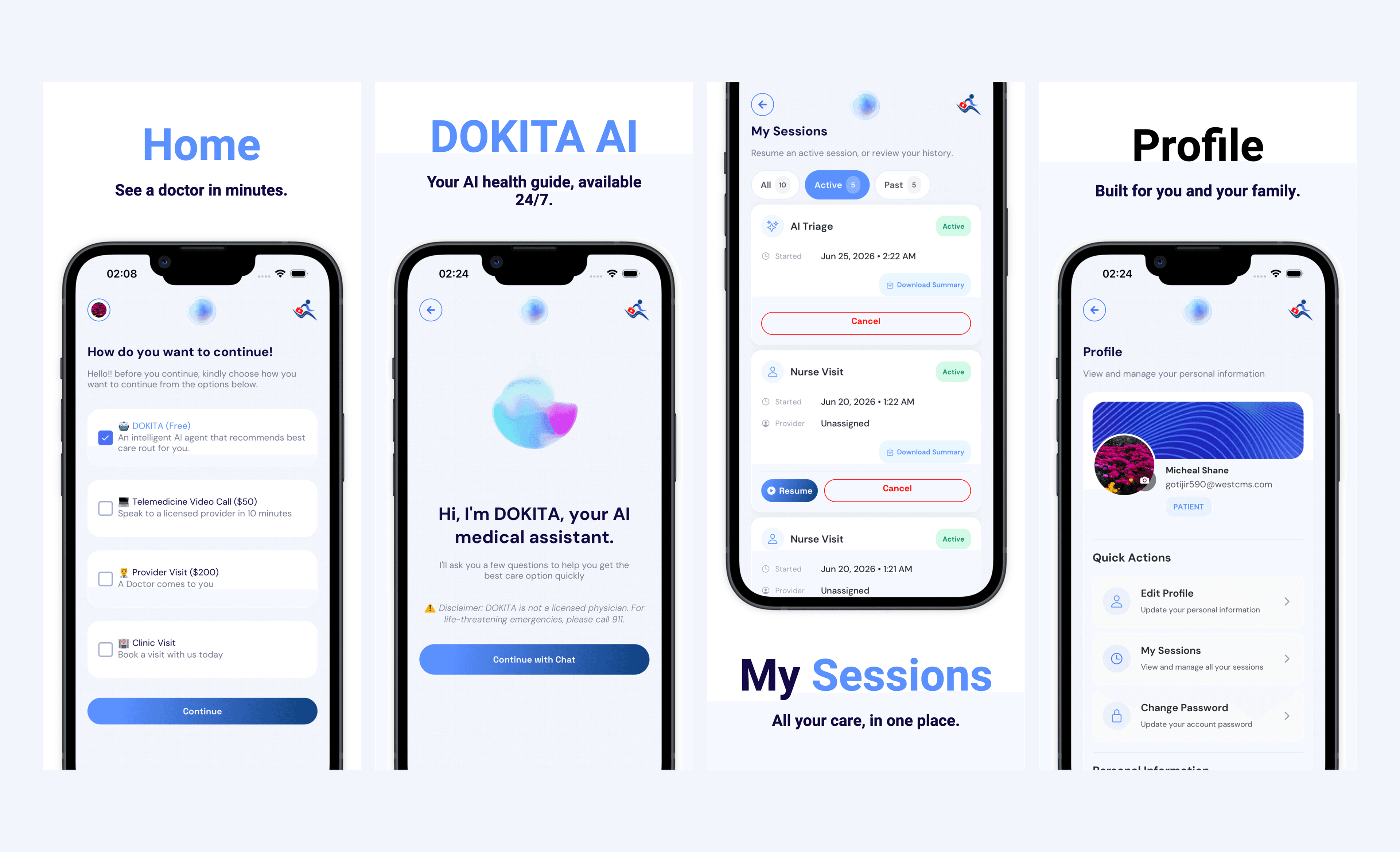 Four RightNowMD screens: a booking menu offering DOKITA AI, a $50 telemedicine video call, a $200 provider visit or a clinic visit; the DOKITA AI assistant introducing itself above a medical disclaimer; a My Sessions list of active AI triage and nurse visits; and a patient profile with quick actions for editing details and reviewing sessions.