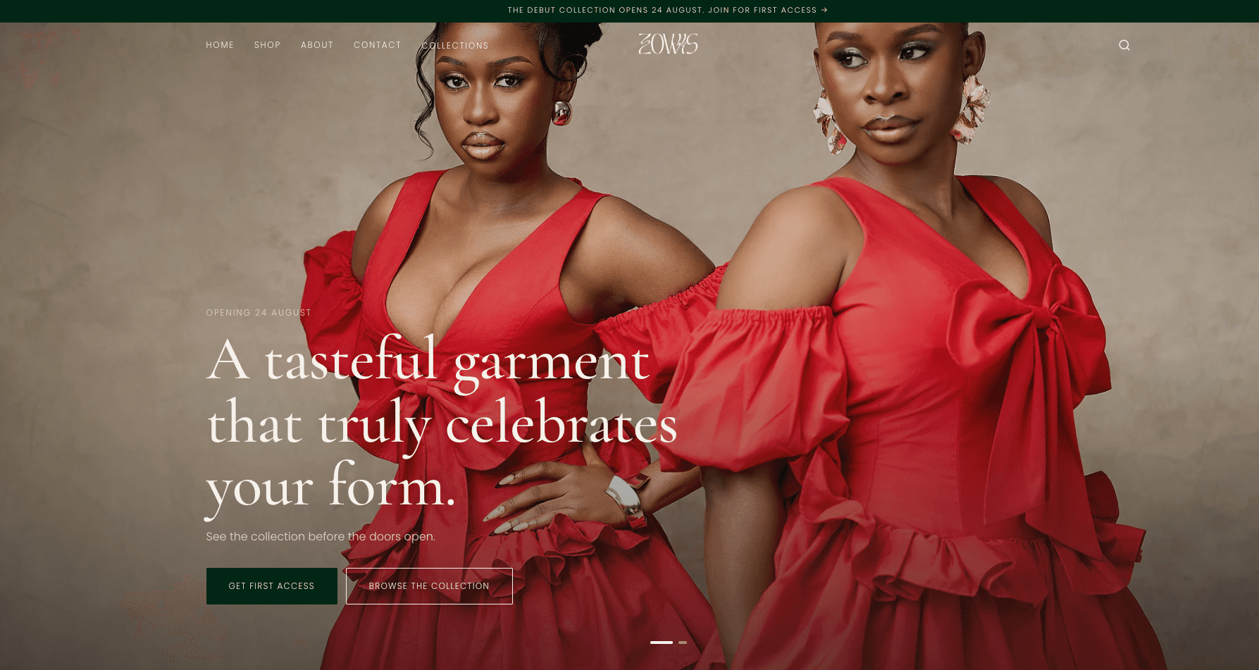 The Zowis storefront at wearzowis.com — two models in red ruffled dresses beside the debut-collection headline 'A tasteful garment that truly celebrates your form.'