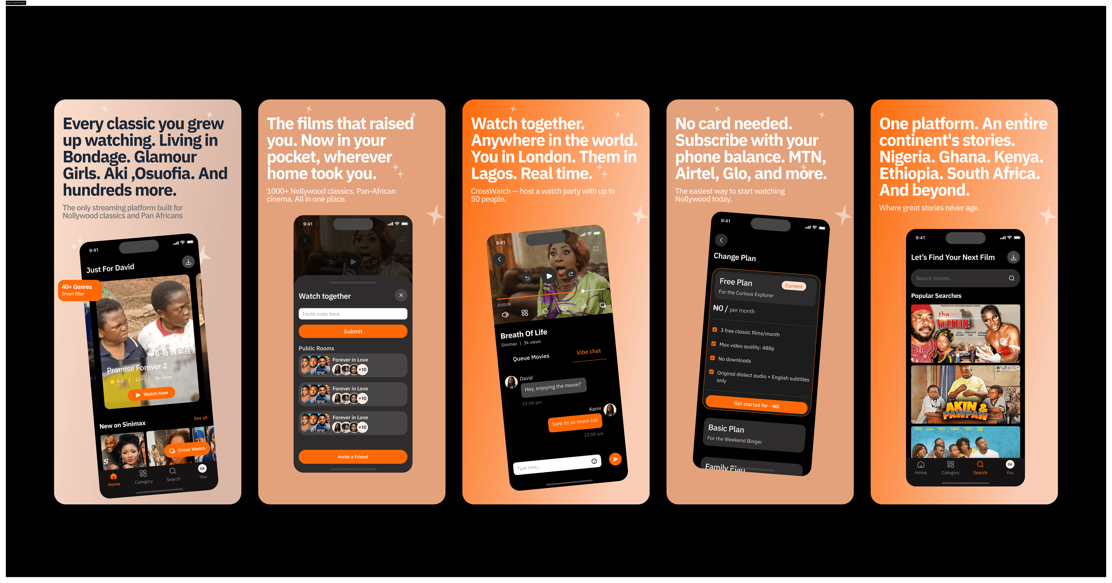 Five Sinimax screens: a personalised home rail of Nollywood classics with a genre filter; a watch-together sheet for joining a room by invite code; a CrossWatch player where two viewers chat alongside the film; a plan picker billed against phone credit; and search, with popular titles across the continent.